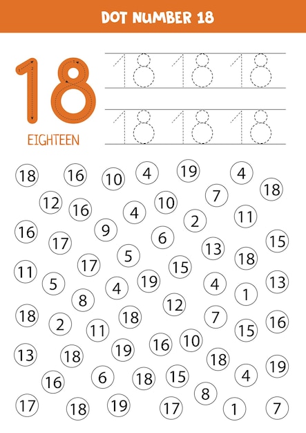 Dot numbers. Number eighteen. Educational math game for kids.
