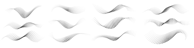 dotted halftone waves set flowing wavy lines patterns abstract liquid shapes wave effect dotted gradient textures curve textures with halftone circular point isolated on white background
