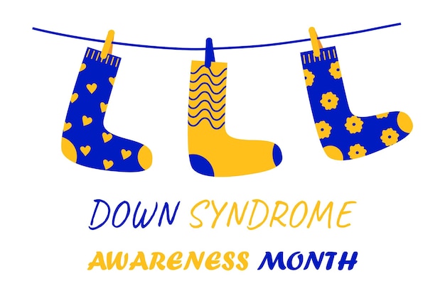 Down syndrome awareness month concept vector in blue and yellow colors Socks are hanging on rope as symbol of genetic disease