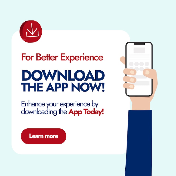 Vector download the app now for better experience download the app now banner with a hand holding mobile