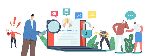 Doxing Concept. Hacker Character Gathering Target Individuals Sensitive Data and Making It Public. Online Information Hacking and Exploit or Dissemination Results. Cartoon People Vector Illustration