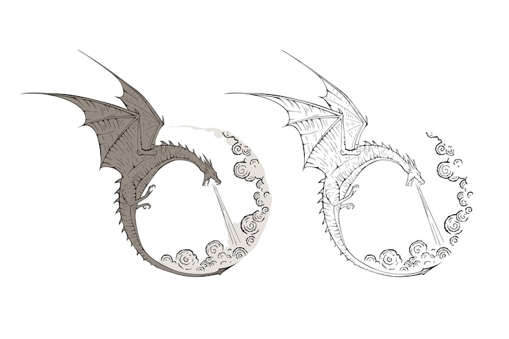 Vector dragon breathing fire in a circle shape