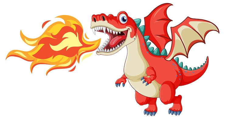 Vector dragon cartoon character breathing fire in vector style