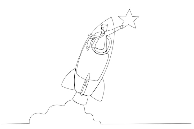 Drawing of businessman riding fast rocket to catch golden star Metaphor for Innovation