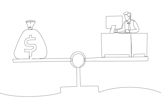 drawing of businessman working hard on busy desk seesaw balance with wages money bag work hard for money or incentive motivate to work overtime metaphor single line art style