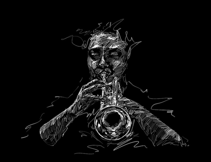 Vector drawing of the classical musician plays trumpet hand draw