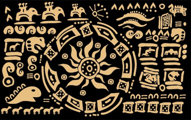 Drawing of the sun symbols and signs of the ancient civilizations of Latin America