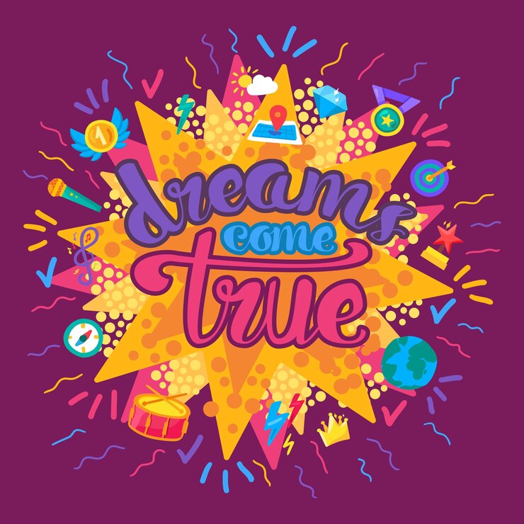 Vector dreams come true inspiration wisdom quote vector. playing on drum and and trip, dreaming diamond jewelry stone and sportive achievement, competition victory and singing. flat cartoon illustration