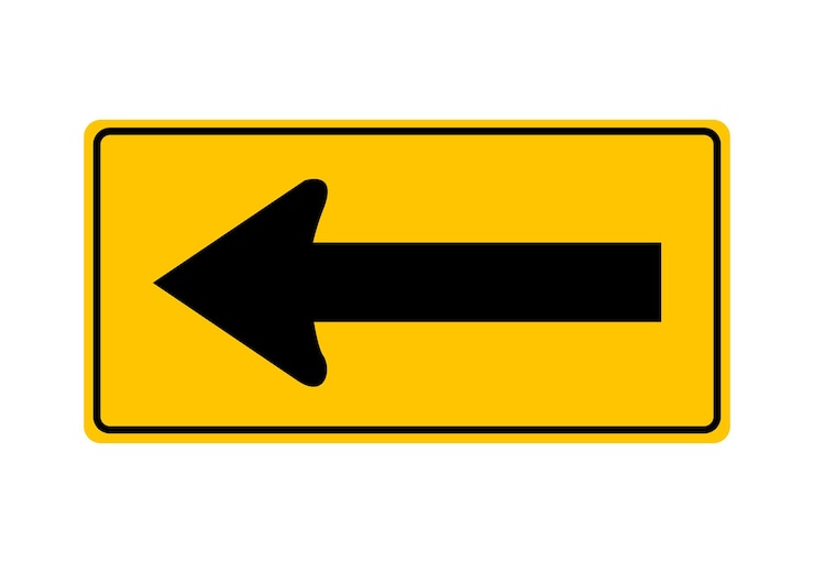 Vector driving direction sign left arrow indicates direction of movement warning yellow road sign