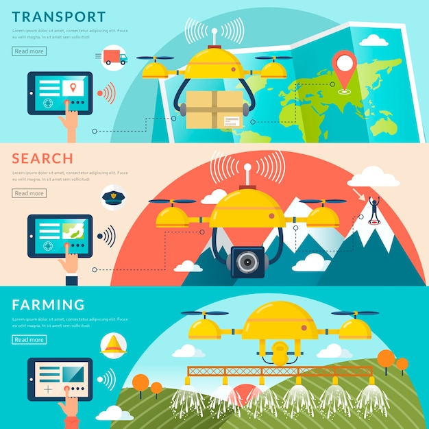 Drones applications in different fields in flat design