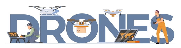 Vector drones concept with unmanned aerial vehicles symbols flat vector illustration