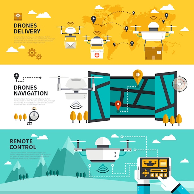 Drones multiple functions in flat banner design