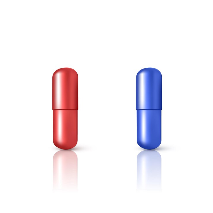 Vector drug pills in matrix style red and blue 3d tablets