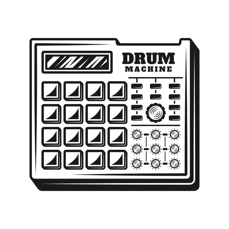 Vector drum machine music producer equipment vector illustration in vintage monochrome style isolated on white background