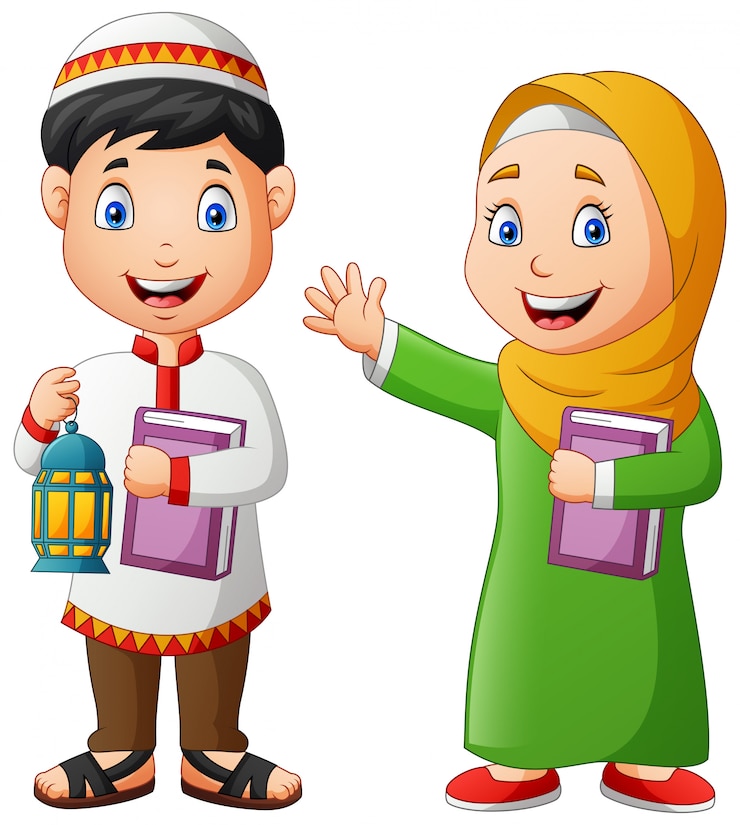 Vector dua anak muslim membawa lentera ramadan dan al-quran. ilustrasi