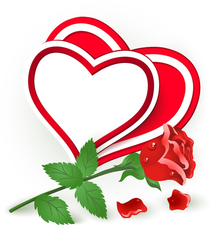 Vector dua hati merah dan mawar. hari valentine.
