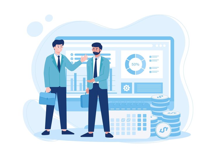 Dua orang pebisnis berkomunikasi mendiskusikan konsep pertumbuhan bisnis ilustrasi datar