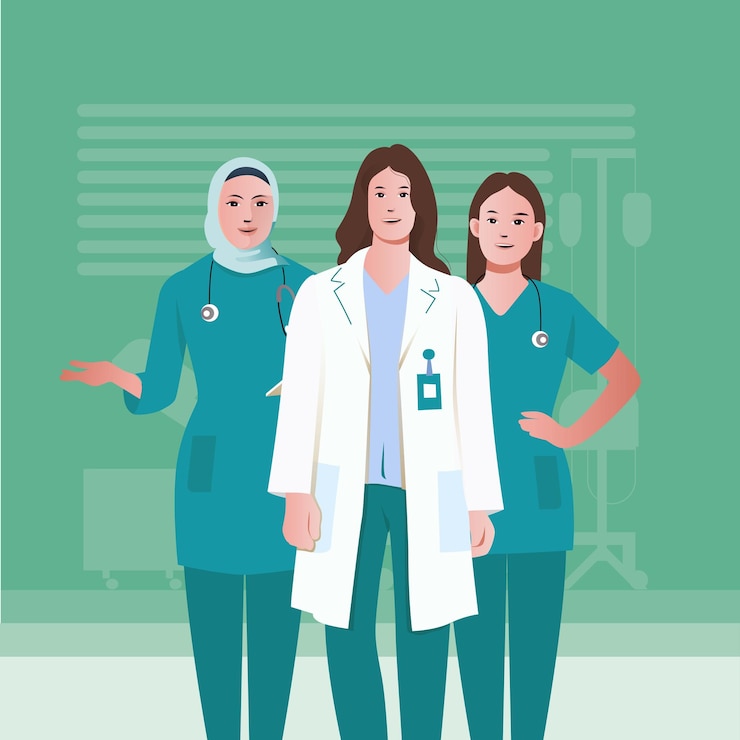 Vector dua perawat dan seorang dokter menyapa hari kesehatan