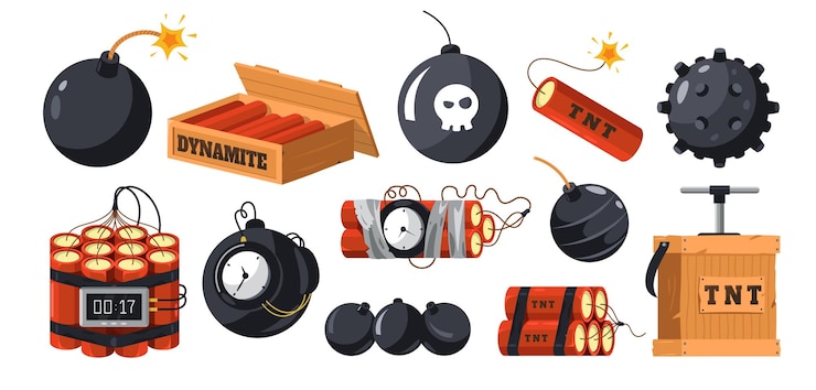 Vector dynamite and bombs cartoon military explosive devices military grenade and tnt bomb with timer