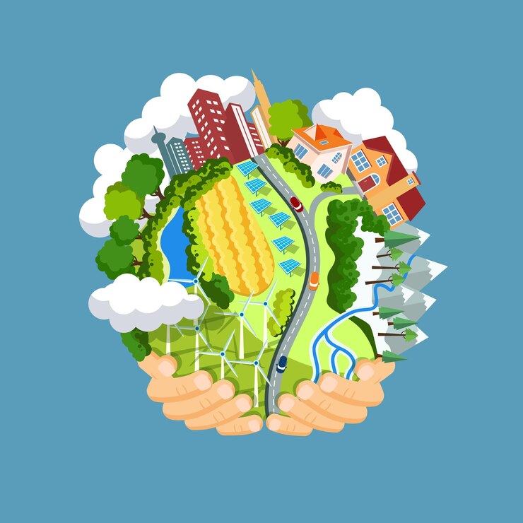 Vector earth day concept human hands holding floating globe in space