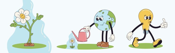 Earth day trendy retro cartoon groovy set Vector illustrations of Earth planet energy saving bulb