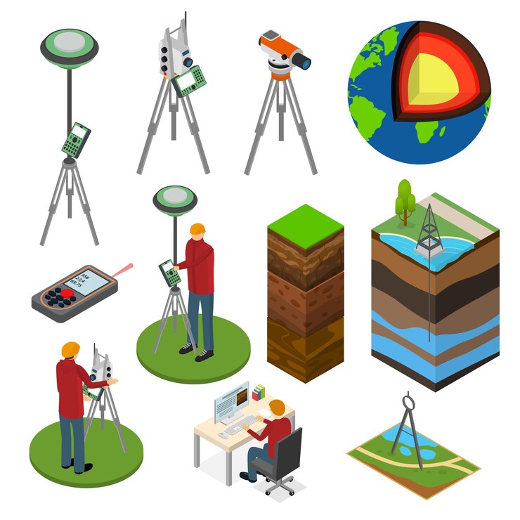 Vector earth exploration 3d isometric include of research instrument exploration ground geology device