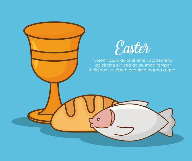 Vector easter celebration with holy grail and fish  over blue background