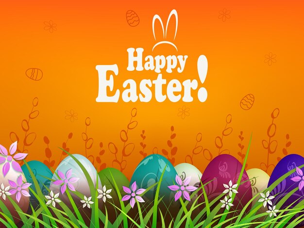 Easter orange composition, multi-colored eggs are drawn in the grass with flowers.