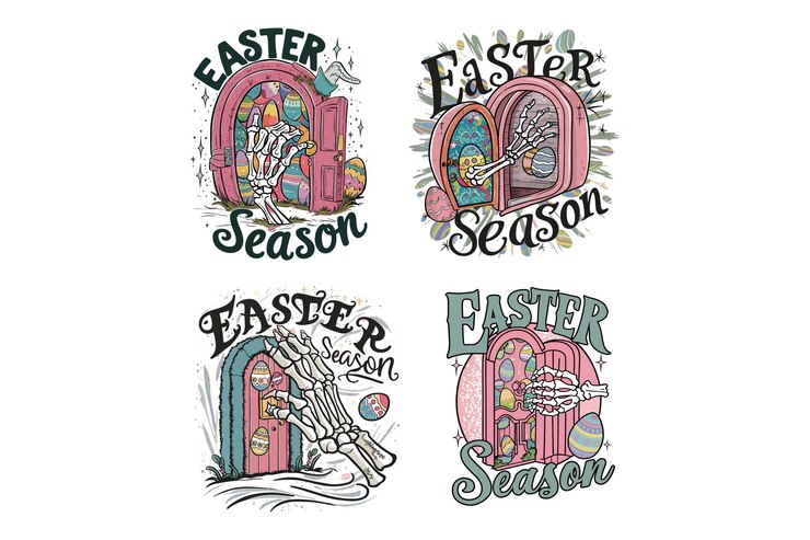Vector easter season magic skeleton hand and egg door pastel tshirt