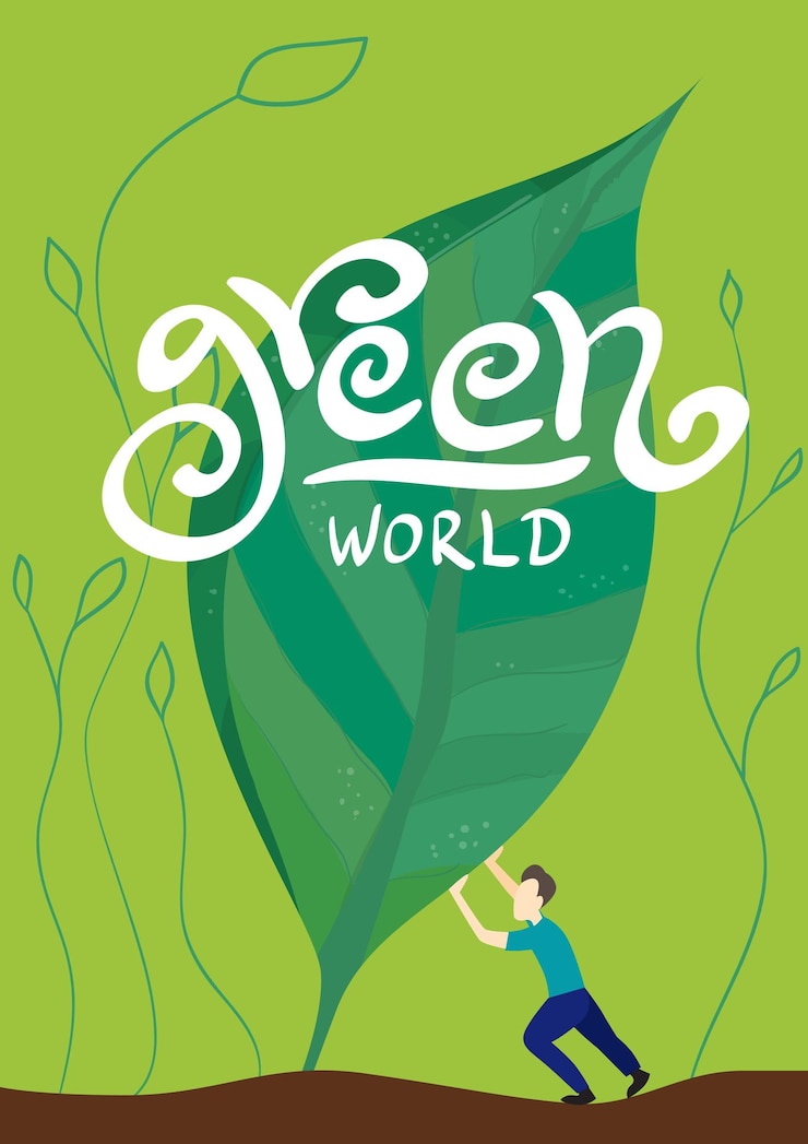Vector eco poster. man supports the tree. green world lettering