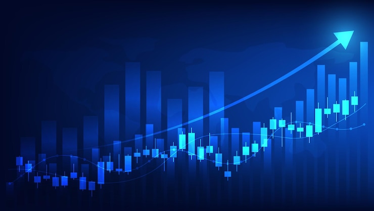 economy and finance background concept. stock market candlesticks with bar chart and uptrend arrow