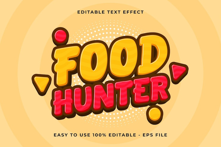 Vector editable text effect food hunter 3d trendy cartoon template style premium vector