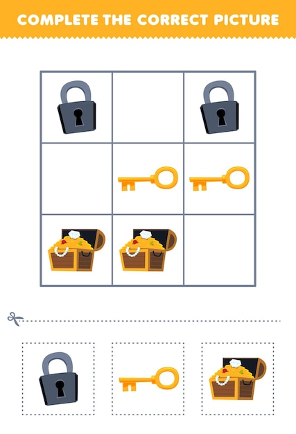 Education game for children complete the correct picture of a cute cartoon key padlock and treasure chest printable pirate worksheet