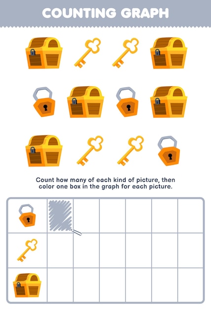 Education game for children count how many cute cartoon padlock key and chest then color the box in the graph printable pirate worksheet