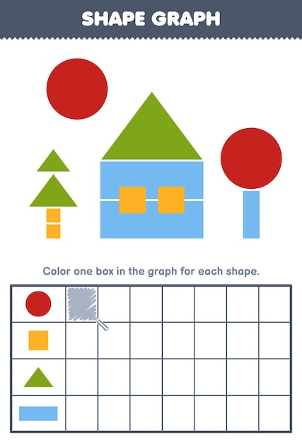 Education game for children count how many shape of circle square triangle and rectangle then color the box in the graph printable shapes worksheet
