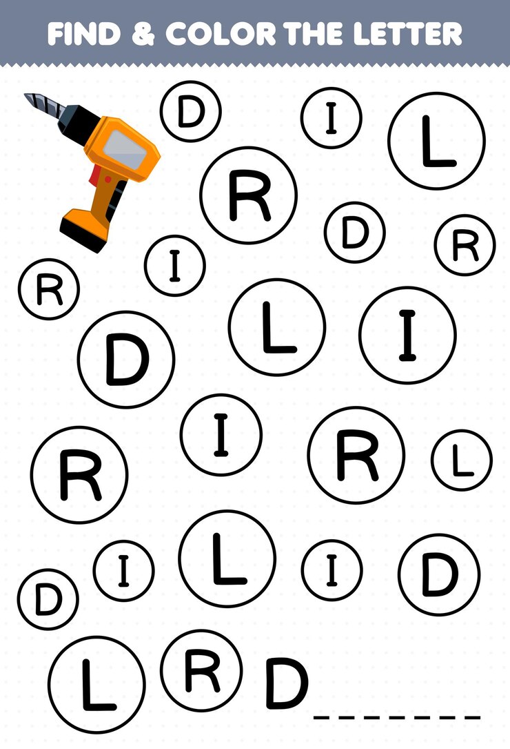 Vector education game for children find and color letter d for drill printable tool worksheet