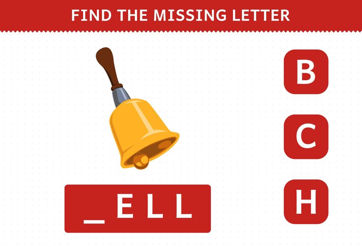 Vector education game for children find missing letter cartoon music instrument bell worksheet