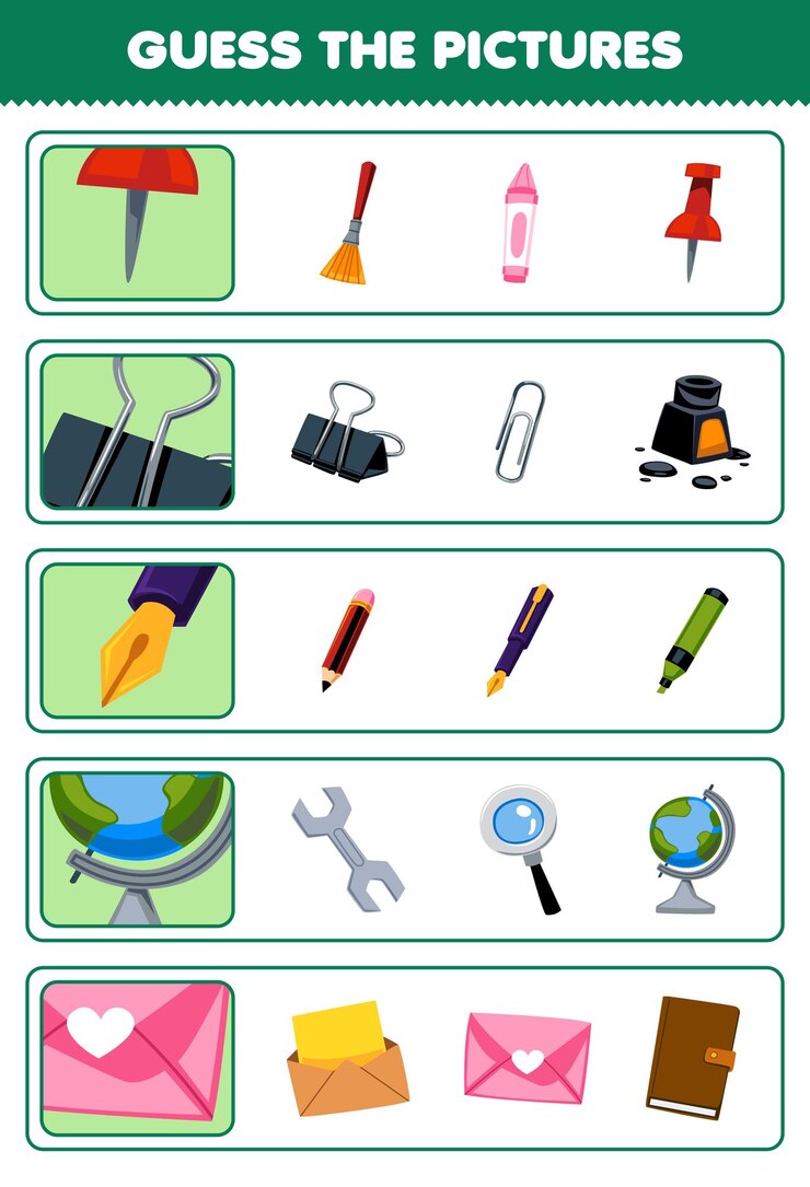 Vector education game for children guess the correct pictures of cute cartoon pin clip pen globe envelope printable tool worksheet
