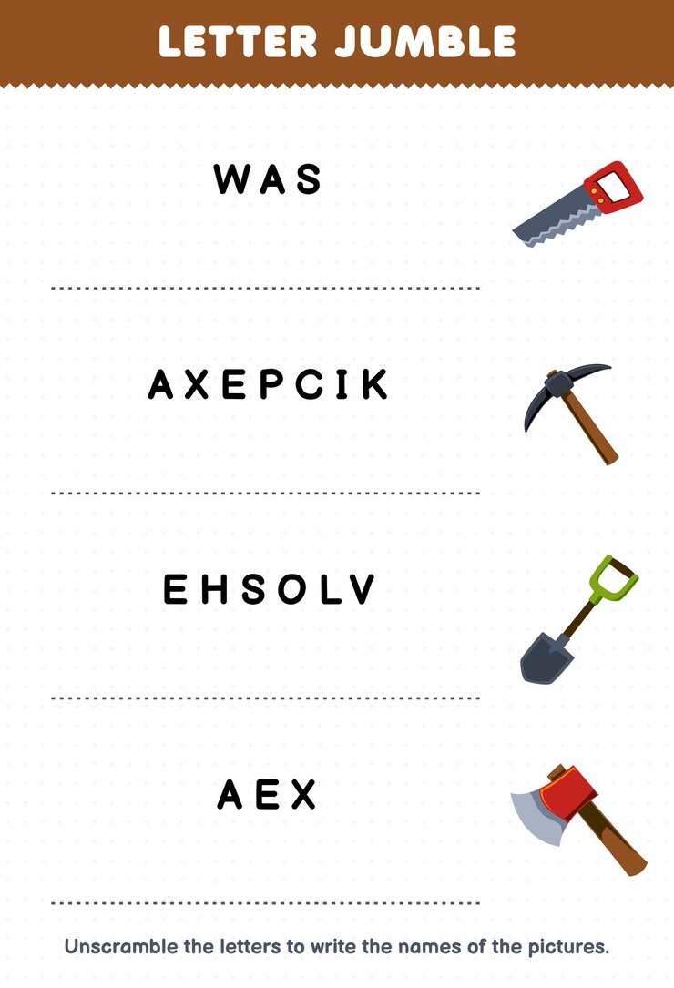 Vector education game for children letter jumble write the correct name for cute cartoon saw pickaxe shovel axe printable tool worksheet