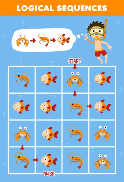 Education game for children logical sequence help diver sort crab shrimp and fish from start to finish printable underwater worksheet