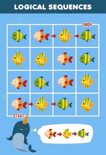 Education game for children logical sequence help narwhal sort fish from start to finish printable underwater worksheet