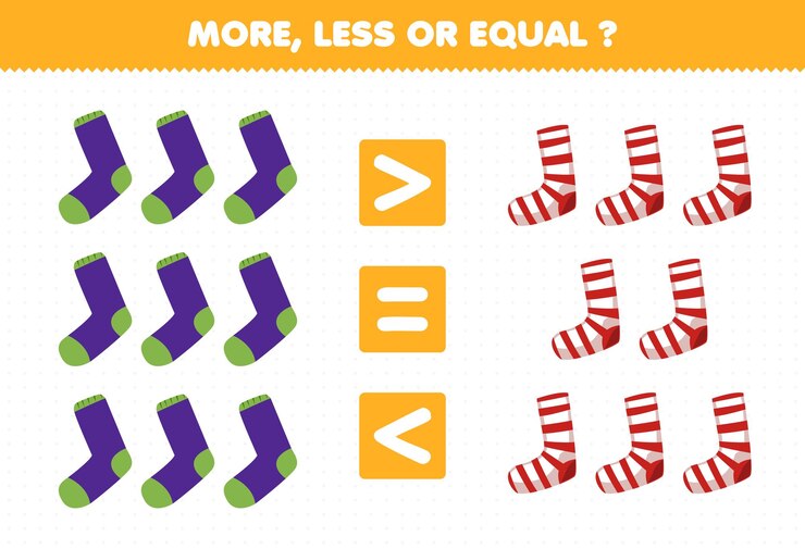 Vector education game for children more less or equal count the amount of cartoon wearable clothes socks