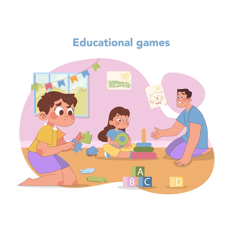 Vector educational games in kindergarten engaged children and teacher interacting with learning toys