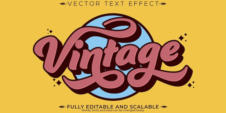 Vector efek teks retro vintage bisa diedit gaya teks tahun 70-an dan 80-an