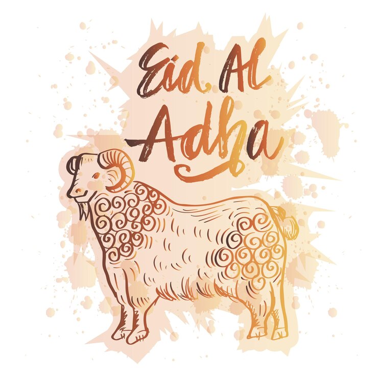Vector eid al adha hand lettering with goat illustration for eid mubarak celebration