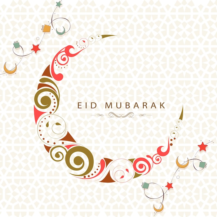 Vector eid mubarak greeting card with spiral crescent moon on white islamic pattern background