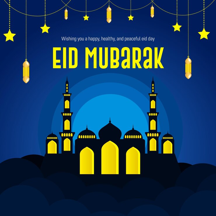 Eid wishing banner with night background and mosque