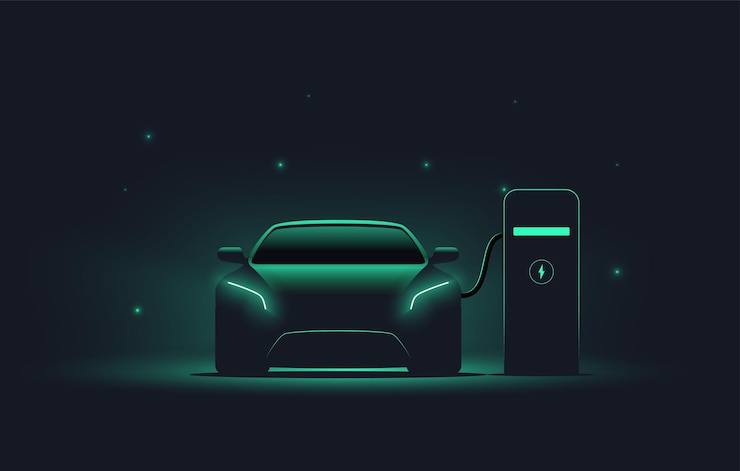 Vector electric car at charging station front view electric car silhouette with green glowing on dark background ev concept