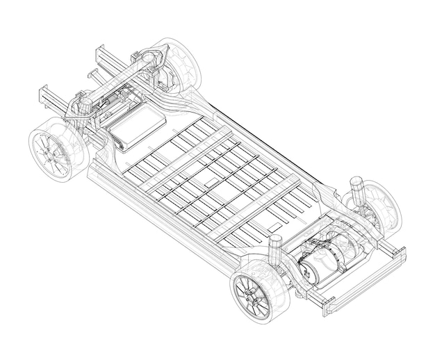 Electric Car Chassis with battery. Vector rendering of 3d. Wire-frame style. The layers of visible and invisible lines are separated. Orthography or isometric