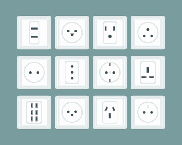 electric outlet set. 12 connectors for power. american, european, japanese devices for energy, adapters to insert cable, tv wire. isolated objects. vector illustration, flat